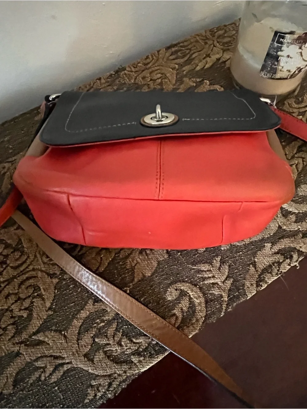 Vintage Coach Colorblock Navy and Coral Crossbody with Tan Sides